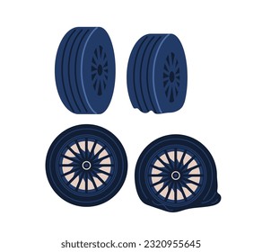 Machine wheels and tires concept. Pack of details and car elements. Repair, tuning and modernization. Social media stickers. Cartoon flat vector illustration isolated on white background