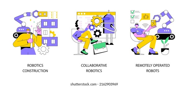 Machine work abstract concept vector illustration set. Robotics construction, collaborative artificial intelligence, remotely operated robots, factory automation, human control abstract metaphor.