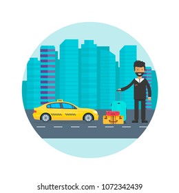Machine yellow cab with driver and baggage  in the city. Public taxi service concept. Flat vector illustration.