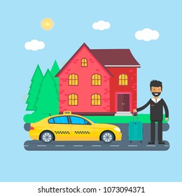 Machine yellow cab with driver and baggage  in the city. Public taxi service concept. Flat vector illustration.