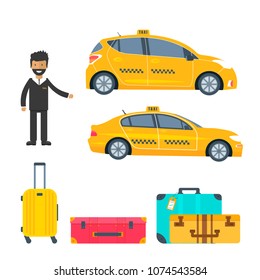 Machine yellow cab with driver and baggage. Public taxi service concept. Flat vector illustration.