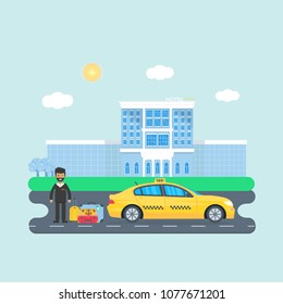 Machine yellow cab with driver, baggage, hotel  in the city. Public taxi service concept. Flat vector illustration.