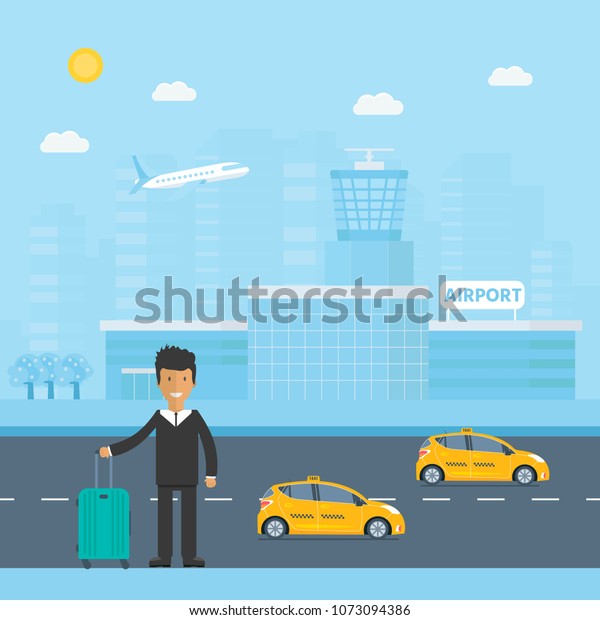 Machine yellow cab with driver, baggage and\
modern airport terminal building  in the city. Public taxi service\
concept. Flat vector\
illustration.