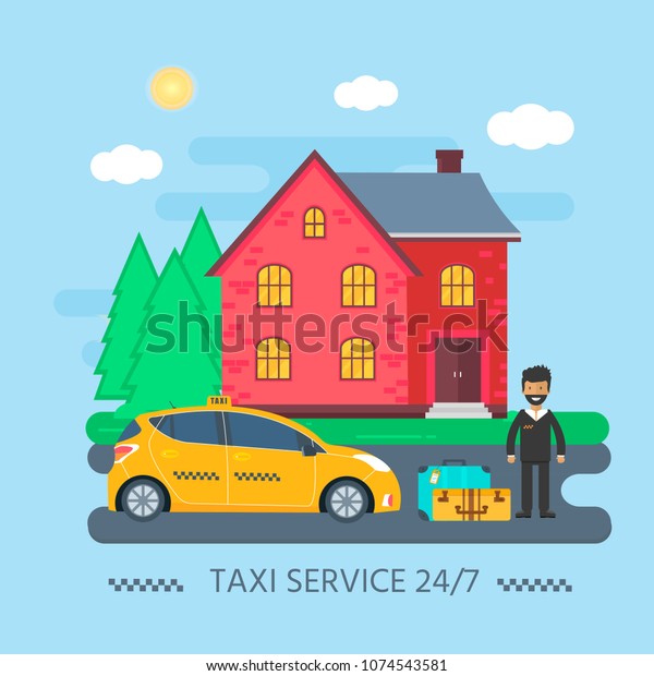 Machine yellow\
cab with driver and baggage  in the city. Public taxi service\
concept. Flat vector\
illustration.