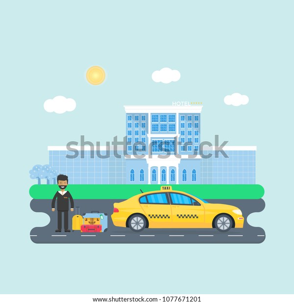Machine yellow\
cab with driver, baggage, hotel  in the city. Public taxi service\
concept. Flat vector\
illustration.