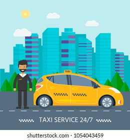 Machine yellow cab with driver in the city. Public taxi service concept. Flat vector illustration.