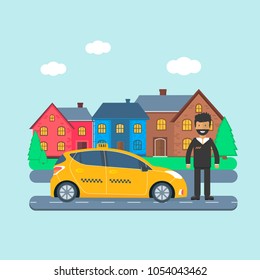 Machine yellow cab with driver in the city. Public taxi service concept. Flat vector illustration.