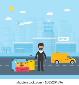 Machine yellow cab with driver in the city. Public truck taxi service concept. Flat vector illustration.