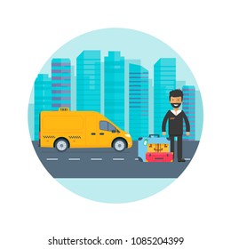 Machine yellow cab with driver in the city. Public truck taxi service concept. Flat vector illustration.