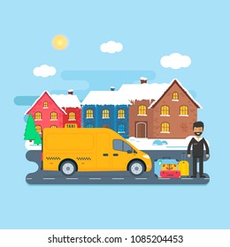 Machine yellow cab with driver in the city. Public truck taxi service concept. Flat vector illustration.