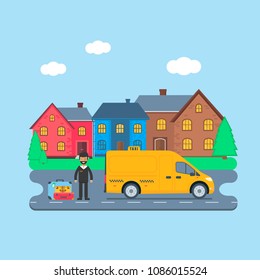 Machine yellow cab with driver in the city. Public truck taxi service concept. Flat vector illustration.