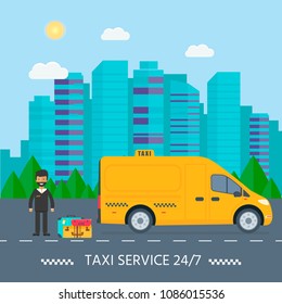 Machine yellow cab with driver in the city. Public truck taxi service concept. Flat vector illustration.