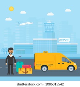 Machine yellow cab with driver in the city. Public truck taxi service concept. Flat vector illustration.
