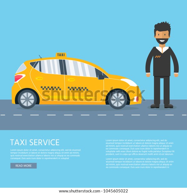 Machine yellow cab with driver
in the city. Public taxi service concept. Flat vector
illustration.