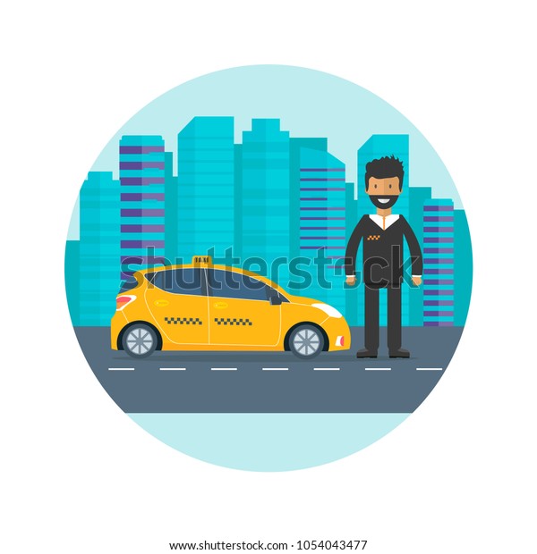 Machine yellow cab with driver\
in the city. Public taxi service concept. Flat vector\
illustration.