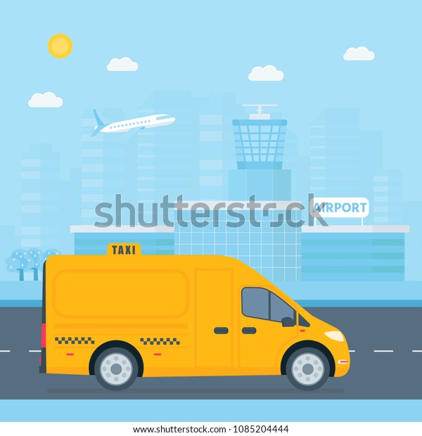 Machine yellow cab\
with driver in the city. Public truck taxi service concept. Flat\
vector illustration.