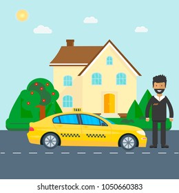Machine yellow cab with driver and house. Public taxi service concept. Flat vector illustration.