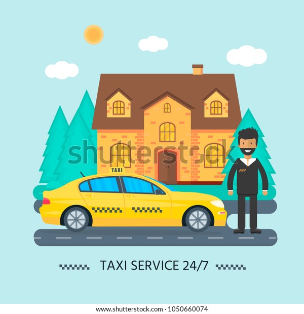 Machine yellow cab with driver and\
house. Public taxi service concept. Flat vector\
illustration.