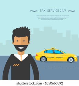 Machine yellow cab with driver. Public taxi service concept. Flat vector illustration.