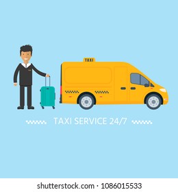 Machine yellow cab with driver. Public truck taxi service concept. Flat vector illustration.
