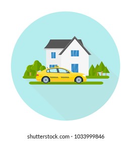 Machine Yellow Cab And Eco House. Public Taxi Service Concept. Home On The Background. Flat Vector Illustration.