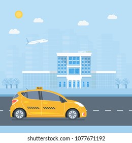 Machine yellow cab, hotel  in the city. Public taxi service concept. Flat vector illustration.