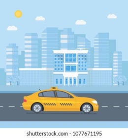 Machine yellow cab, hotel  in the city. Public taxi service concept. Flat vector illustration.