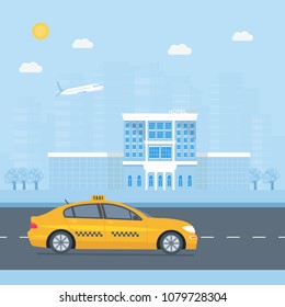 Machine yellow cab, hotel  in the city. Public taxi service concept. Flat vector illustration.