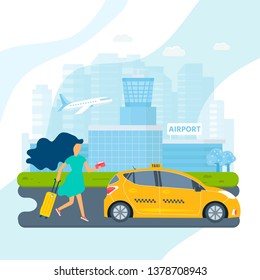 Machine yellow cab and young lady with baggage searching for taxi in the city. Public taxi service concept, airport transfer for web banner, site, landing page. Flat vector illustration.