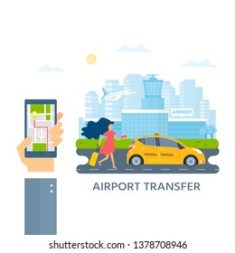 Machine yellow cab and young lady with baggage searching for taxi in the city. Public taxi service concept, airport transfer for web banner, site, landing page. Flat vector illustration.