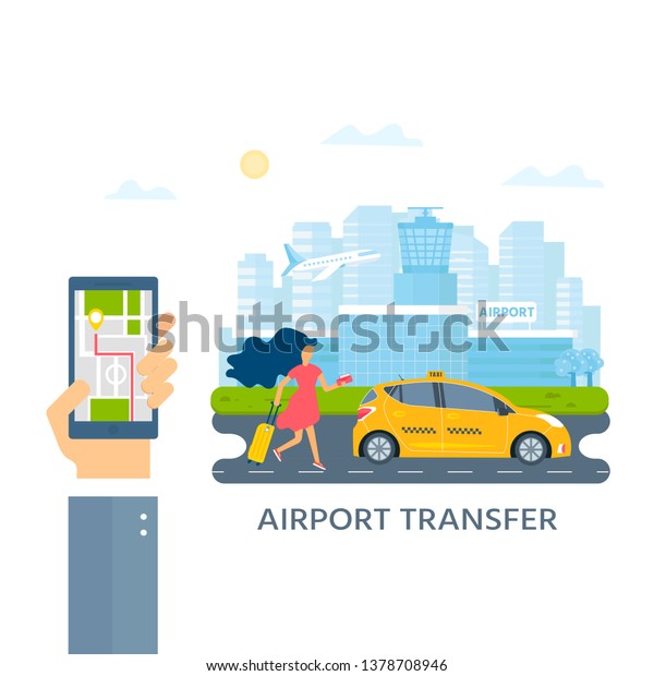 Machine\
yellow cab and young lady with baggage searching for taxi in the\
city. Public taxi service concept, airport transfer for web banner,\
site, landing page. Flat vector\
illustration.
