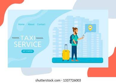 Machine yellow cab and young man with phone searching for taxi in the city. Public taxi service concept for web banner, site, landing page. Flat vector illustration.