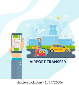 Machine yellow cab and young man with phone searching for taxi in the city. Public taxi service concept for web banner, site, landing page. Flat vector illustration.
