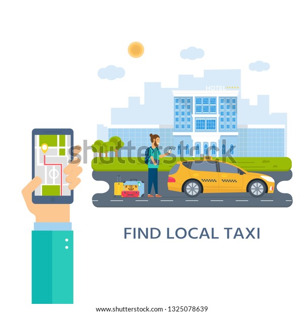 Machine yellow cab, young man with phone\
searching for taxi in the city. Public taxi service concept. Flat\
vector illustration.