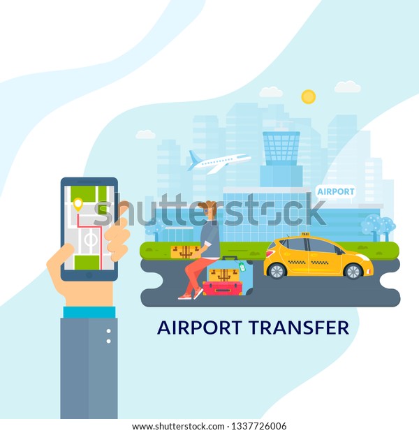 Machine yellow cab and young\
man with phone searching for taxi in the city. Public taxi service\
concept for web banner, site, landing page. Flat vector\
illustration.