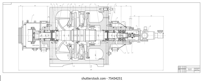 Machine-building drawing. Superchanger. Vector illustration