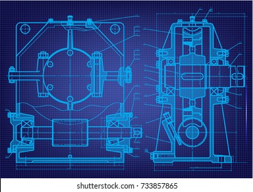 Machine-building drawings on a blue background