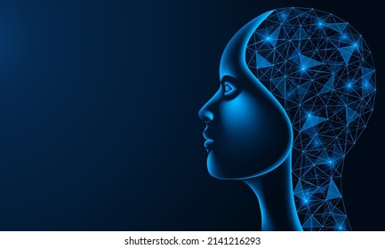 Machine-human hybrid. Artificial intelligence with a woman's face. Polygonal design. Blue background.