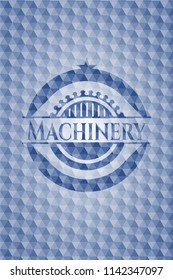 Machinery blue emblem with geometric pattern background.
