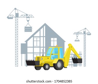 Machinery for building vector, construction and cranes, special appliances and techniques isolated equipment and unbuild walls of estate, working machine