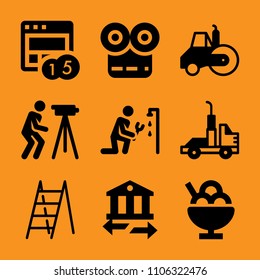 machinery, communication, flavor, dairy, empty and horizontal icon vector set. Flat vector design with filled icons. Designed for web and software interfaces