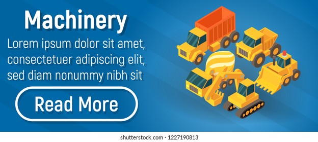 Machinery concept banner. Isometric banner of machinery vector concept for web, giftcard and postcard