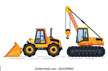 Machinery for construction vector, equipment for building. Isolated bulldozer and crane with hook to transport and lift heavy items. Machinery for work