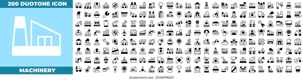 Machinery Duotone Editable Icons set. Vector illustration in modern thin duotone style of machinery icons: production, factory, manufacture, etc