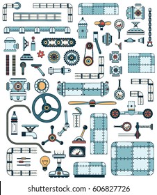 Machinery elements. Spare parts for creation of technically complex devices, apparatuses. Colored Vector illustration.