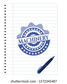 Machinery emblem with pen effect. Blue ink. Vector Illustration. Detailed.