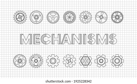 machinery engineering drawings. Technical drawing.mechanisms -Cogwheel flat machine gear icon. mathematics education concept typography design.