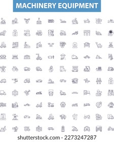 Machinery equipment line icons, signs set. Machinery, Equipment, Tools, Gears, Motors, Parts, Drives, Controls, Systems outline vector illustrations.