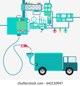 Machinery of factory refining gasoline and refueling a truck. Truck being fueled by a gas pump.