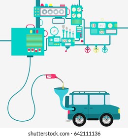 Machinery of factory refining gasoline and refueling a off road car. Car being fueled by a gas pump.